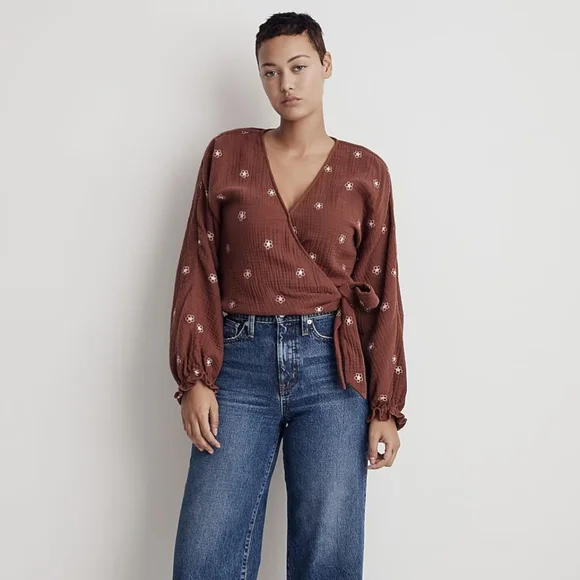 Sold on M! Madewell Lightspun Maira Flower Embroidered Tie Wrap Top - Picture 16 of 16
